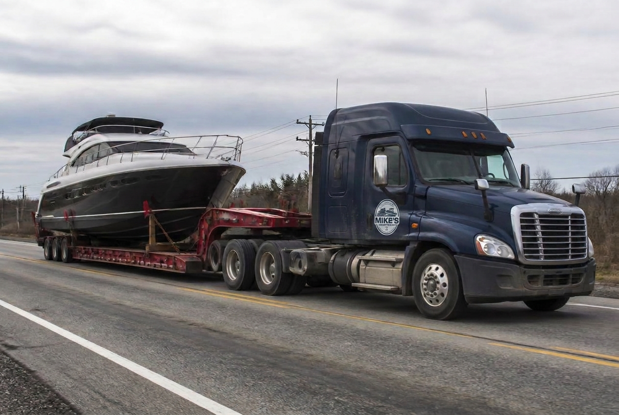 Mike's Marine Transport heavy-haul tractor pulling a large motor yacht on a lowboy trailer