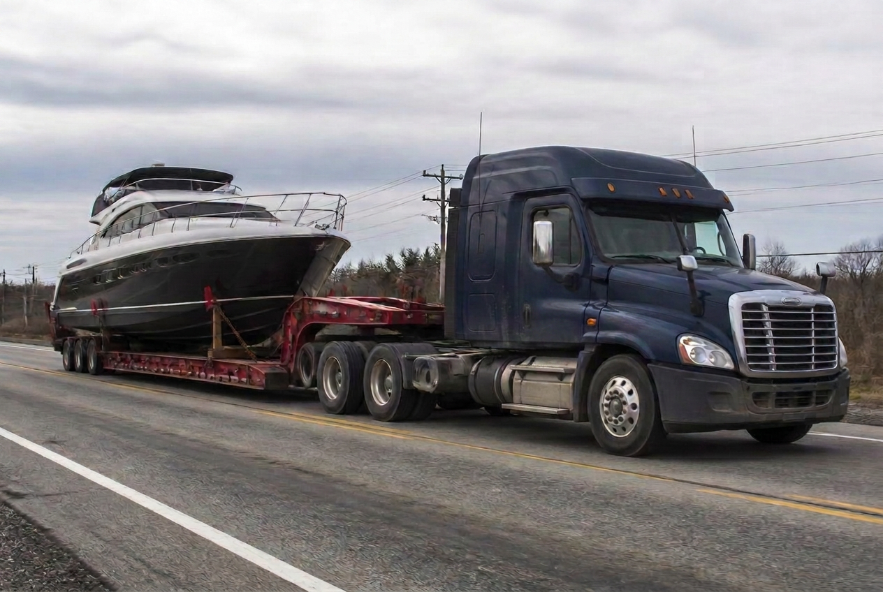 Mike's Marine Transport heavy-haul tractor pulling a large motor yacht on a lowboy trailer