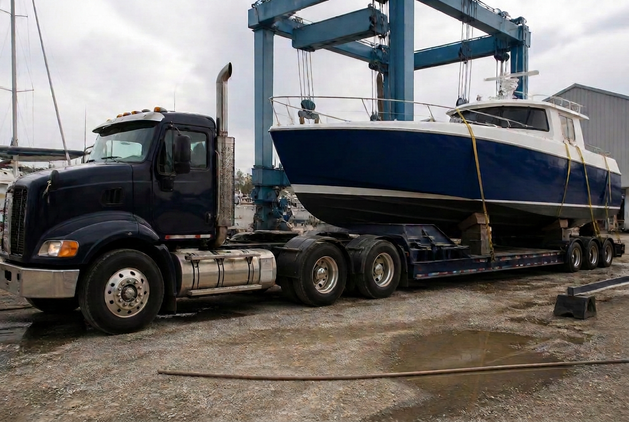 Heavy-duty truck with a multi-axle hydraulic trailer loaded with a wide-beam powerboat at a boatyard