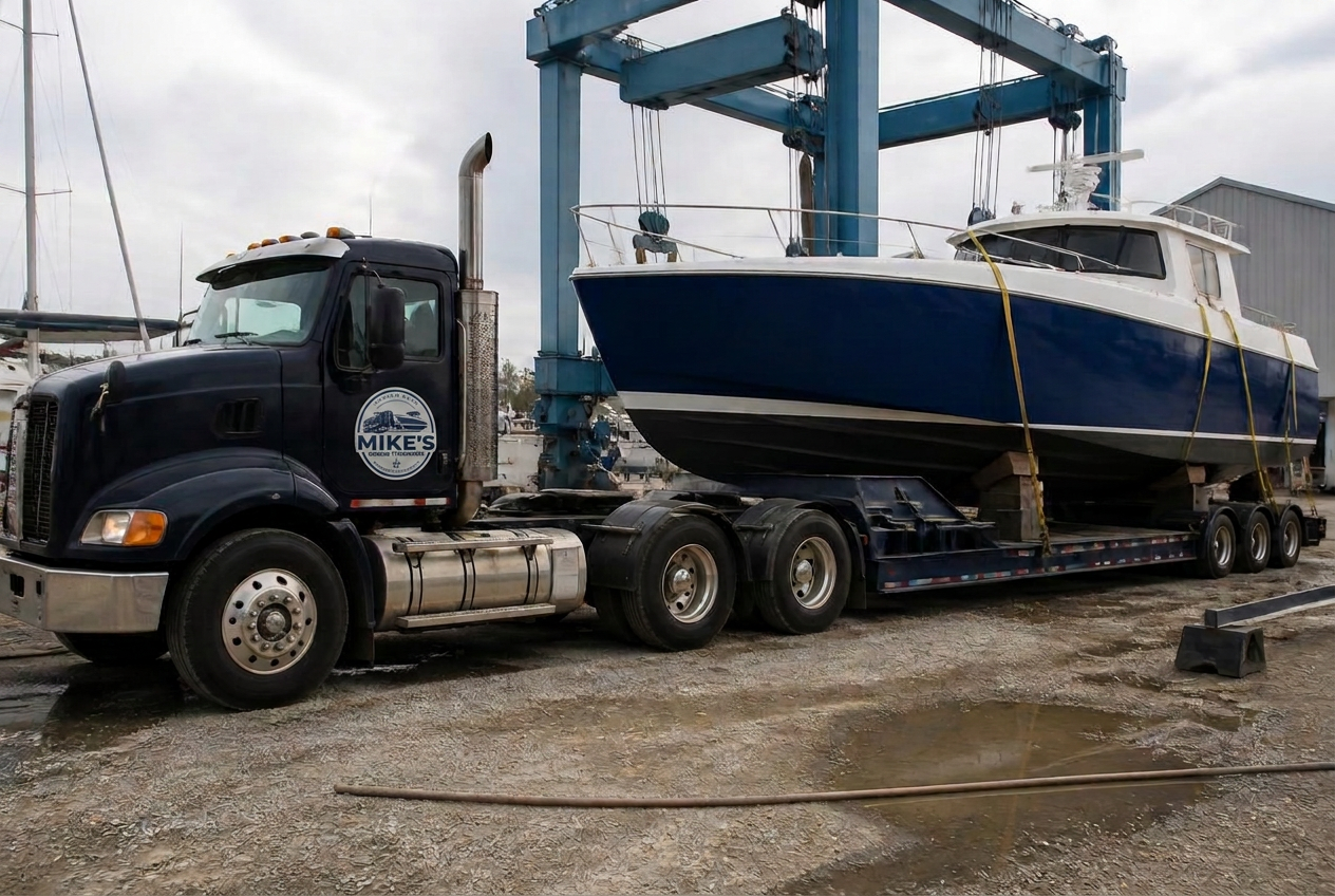 Heavy-duty truck with a multi-axle hydraulic trailer loaded with a wide-beam powerboat at a boatyard