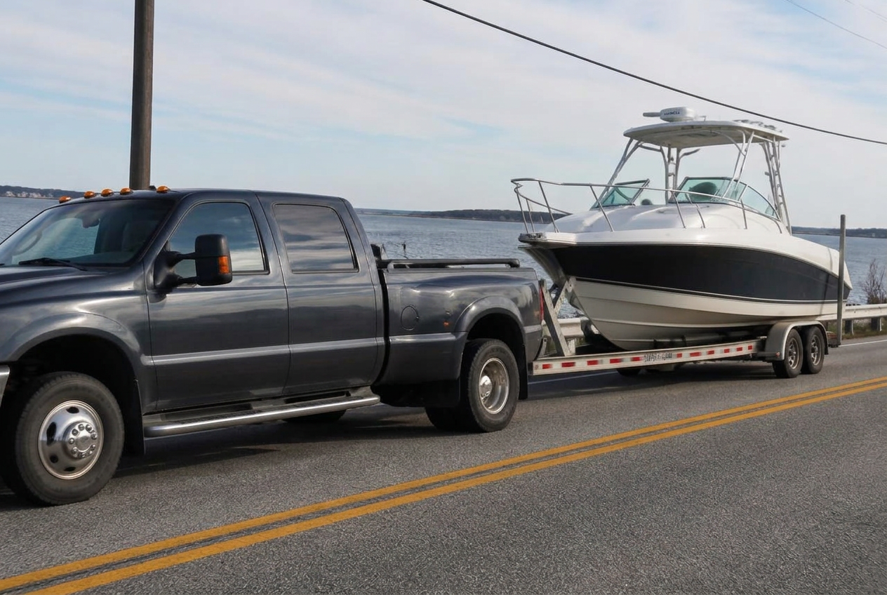 Dually pickup towing a powerboat on a hydraulic tandem-axle trailer on a coastal highway