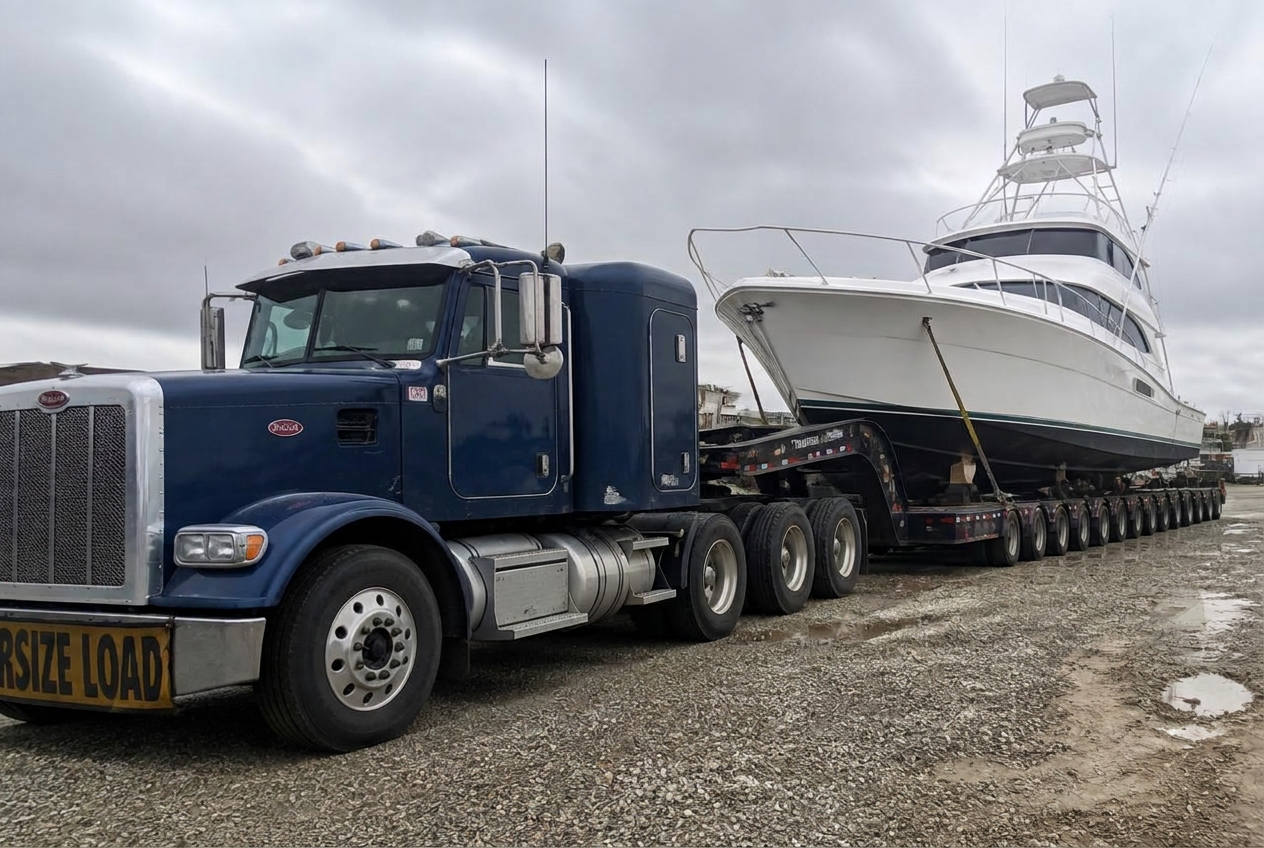 Navy heavy-haul truck with a multi-axle hydraulic trailer under a sportfishing yacht at a boatyard