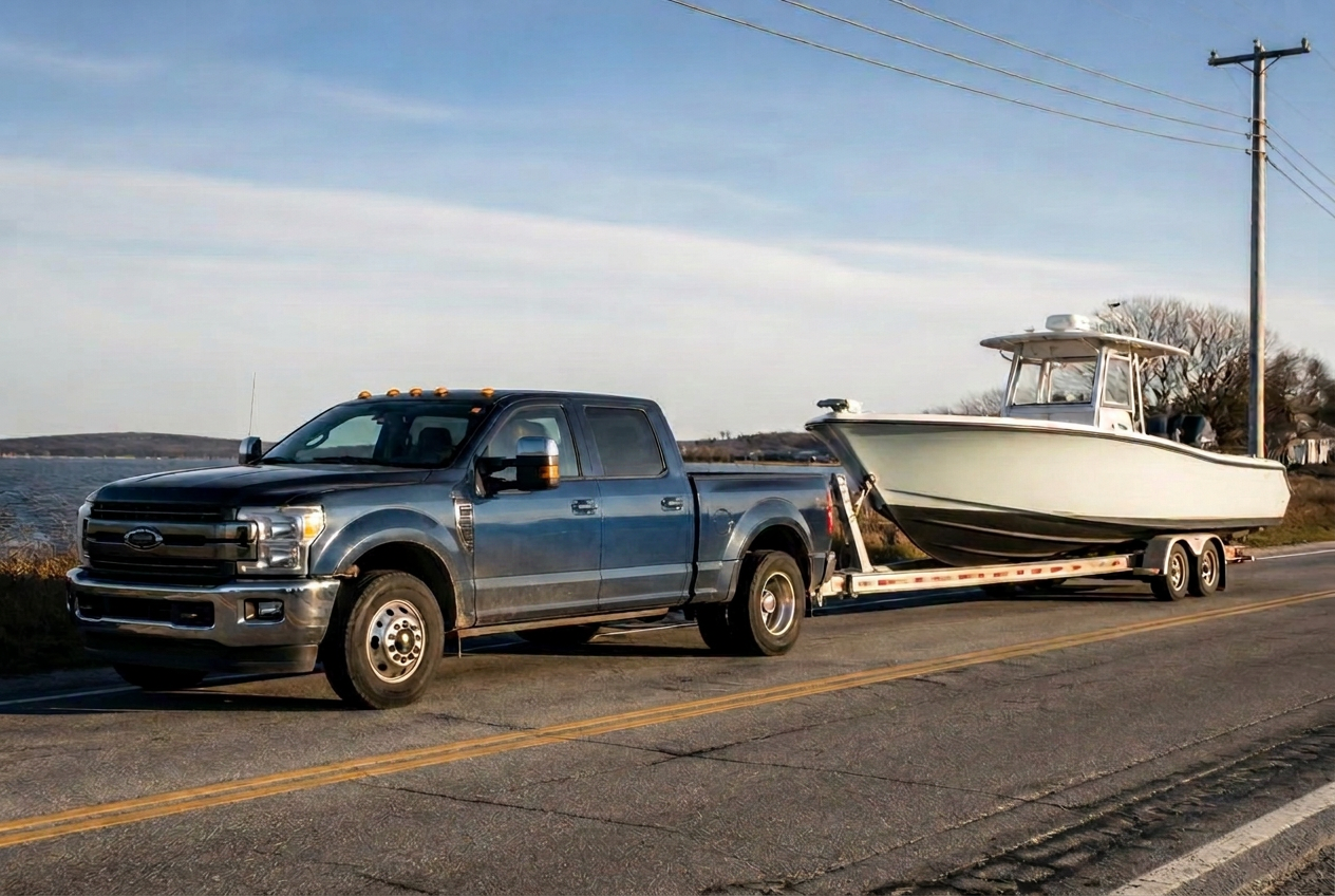 Mike's Marine Transport pickup truck towing a center console boat on a bunk trailer