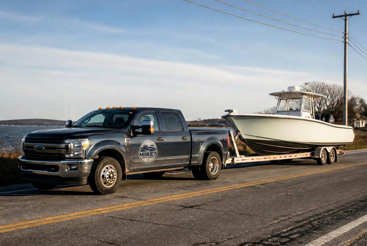 Mike's Marine Transport pickup truck towing a center console boat on a bunk trailer