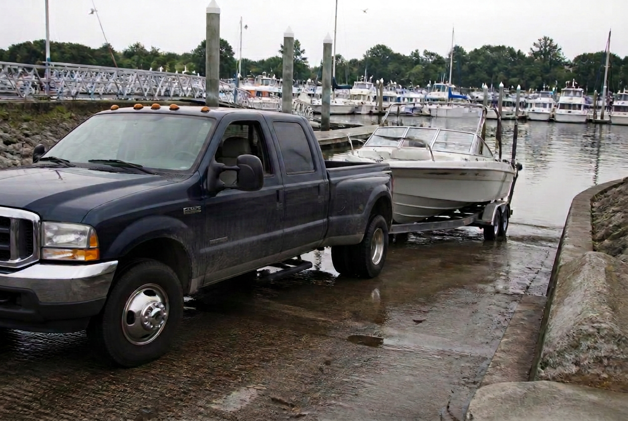 Pickup truck backing a runabout on a trailer down a marina ramp