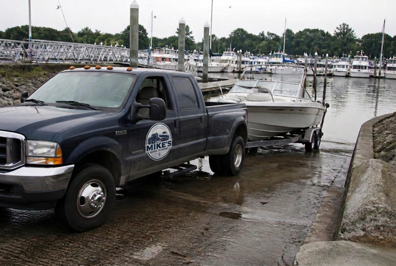 Pickup truck backing a runabout on a trailer down a marina ramp