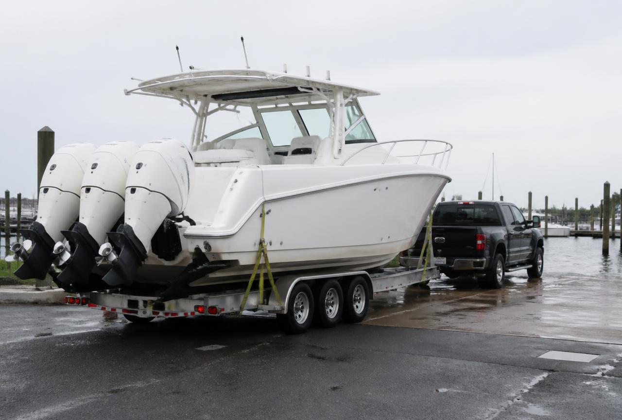 Pickup truck hauling a white center console powerboat on a trailer at a marina ramp