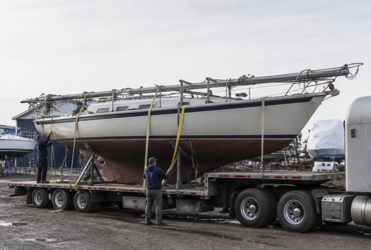 Sailboat with the mast down loaded on a flatbed trailer at a boatyard