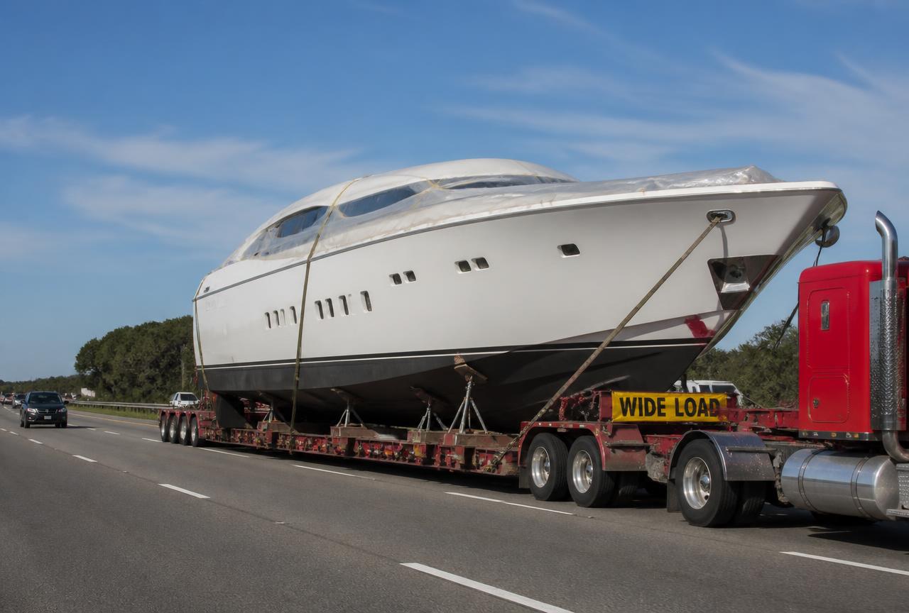 Semi truck moving an oversized yacht hull on a lowboy trailer with a wide load banner