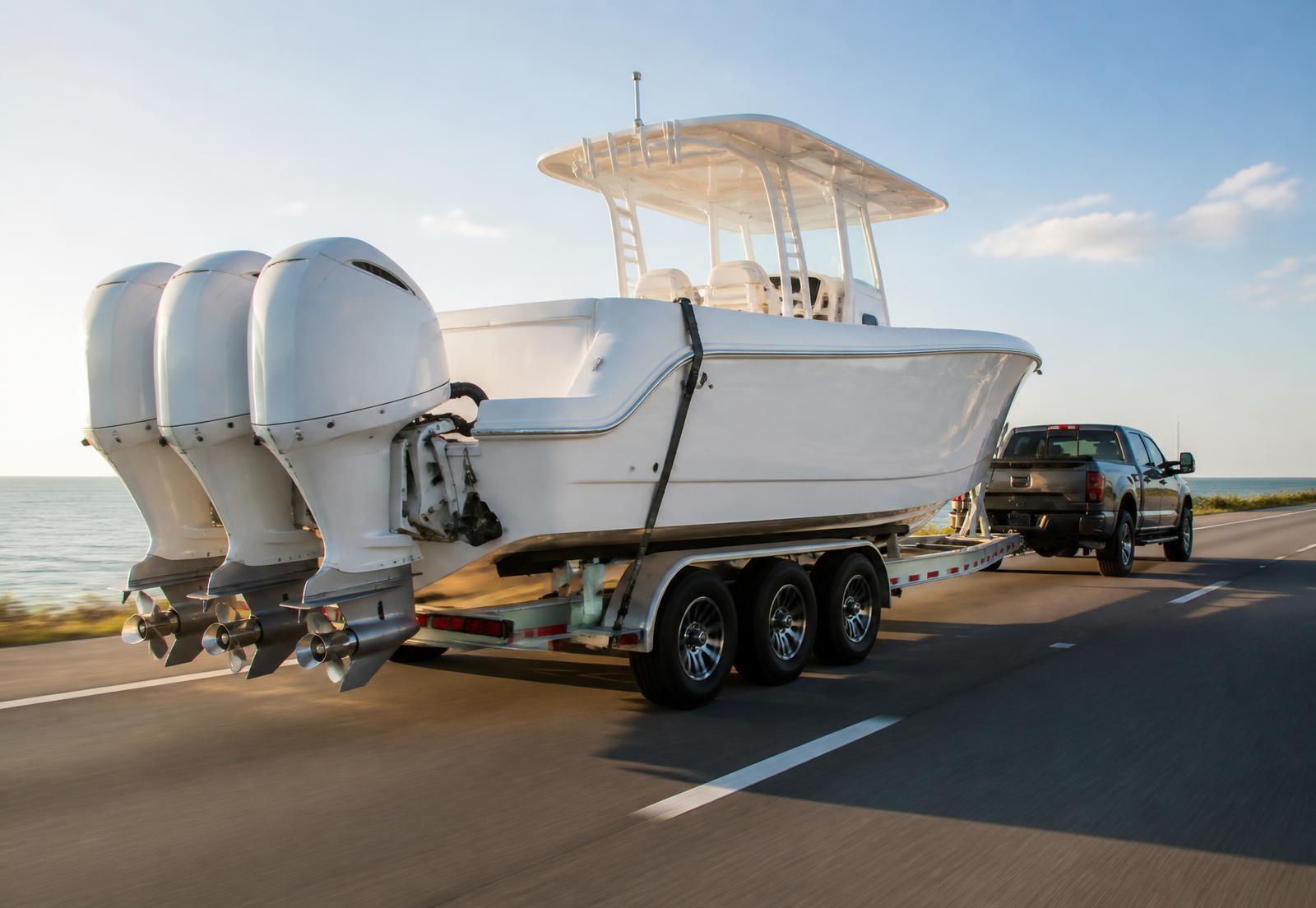 Center console powerboat strapped to a triple-axle trailer being hauled over the road behind a pickup truck