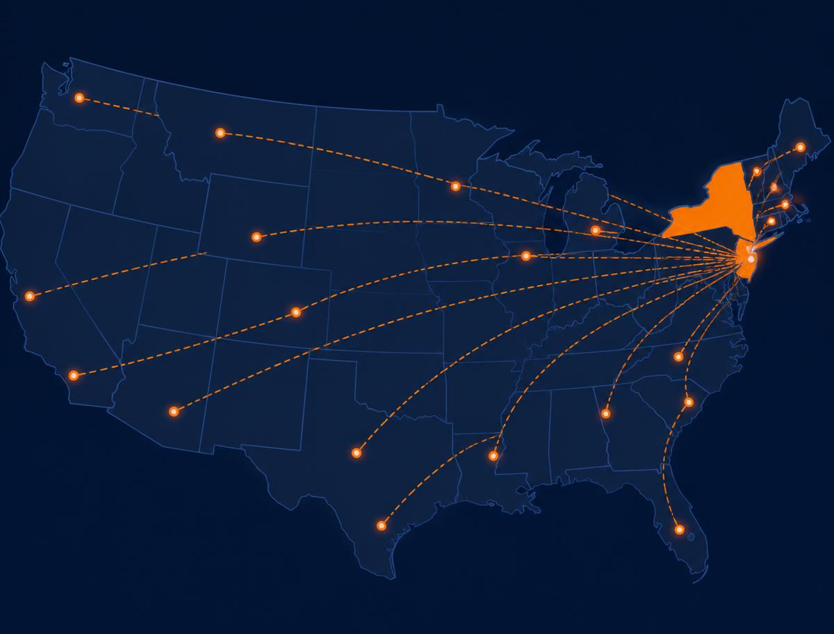 Map of the United States with New Jersey highlighted and transport routes running to destinations across the country